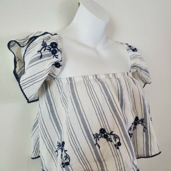 Express Top XS White Striped Floral Embroidered Boho Tunic Coastal Beach Casual - Picture 4 of 9